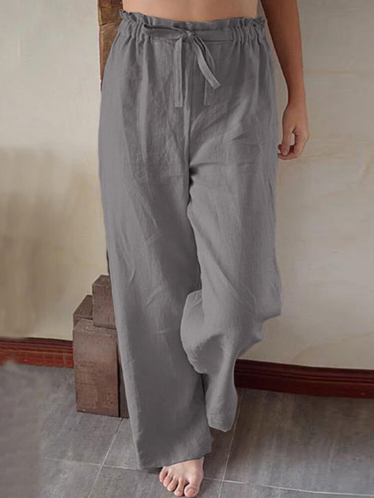 Solid Color Lace-up Wide-Legged Elastic Waist Cotton Pants
