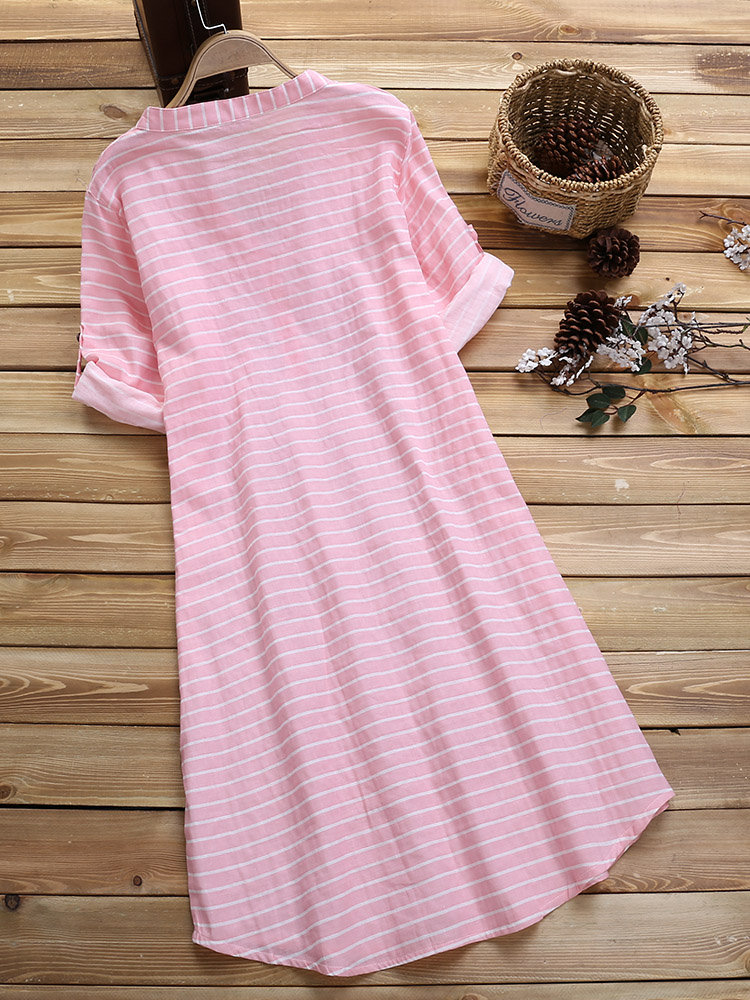 Loose 3/4 Sleeve Stripe Buttons V-neck Casual Dresses