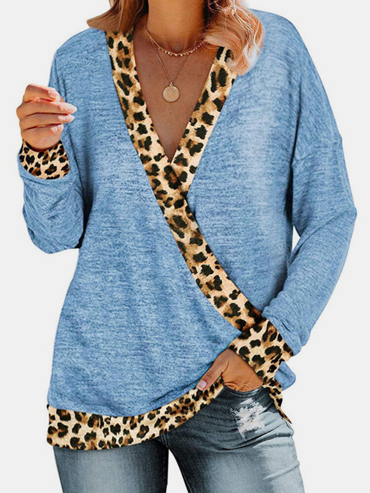 Leopard V-neck Patchwork Long Sleeve Casual T-Shirt For Women