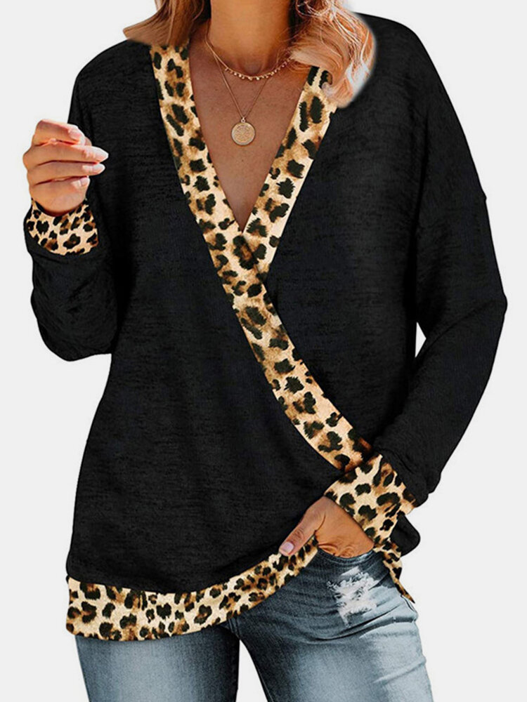 Leopard V-neck Patchwork Long Sleeve Casual T-Shirt For Women