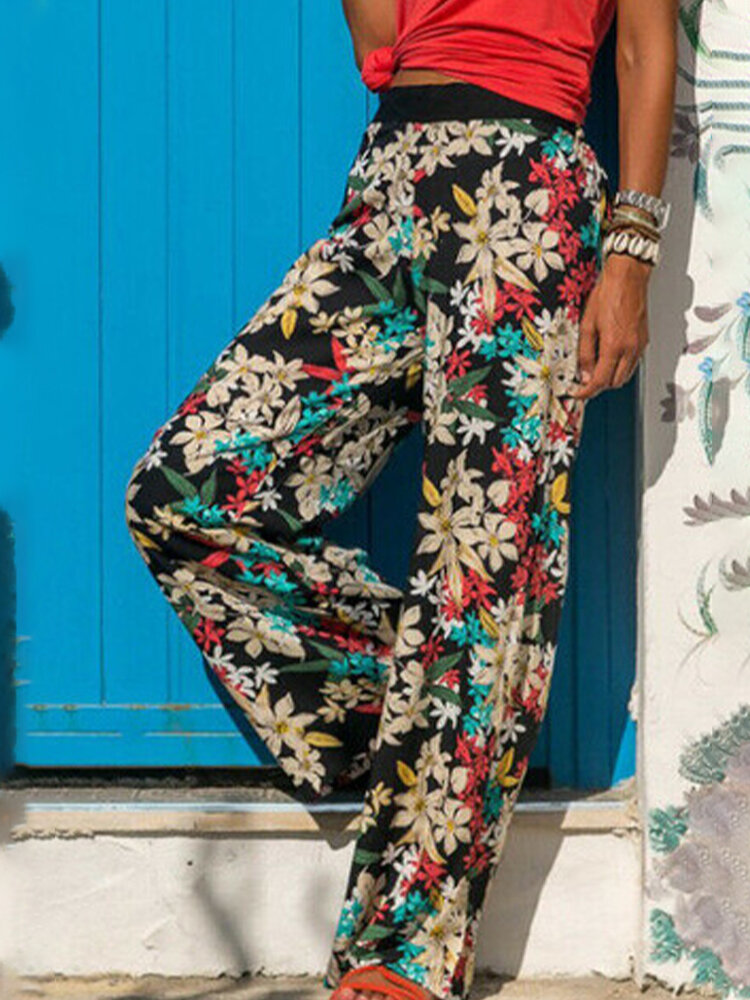 Ethnic Floral Print High Waist Bohemian Pants For Women