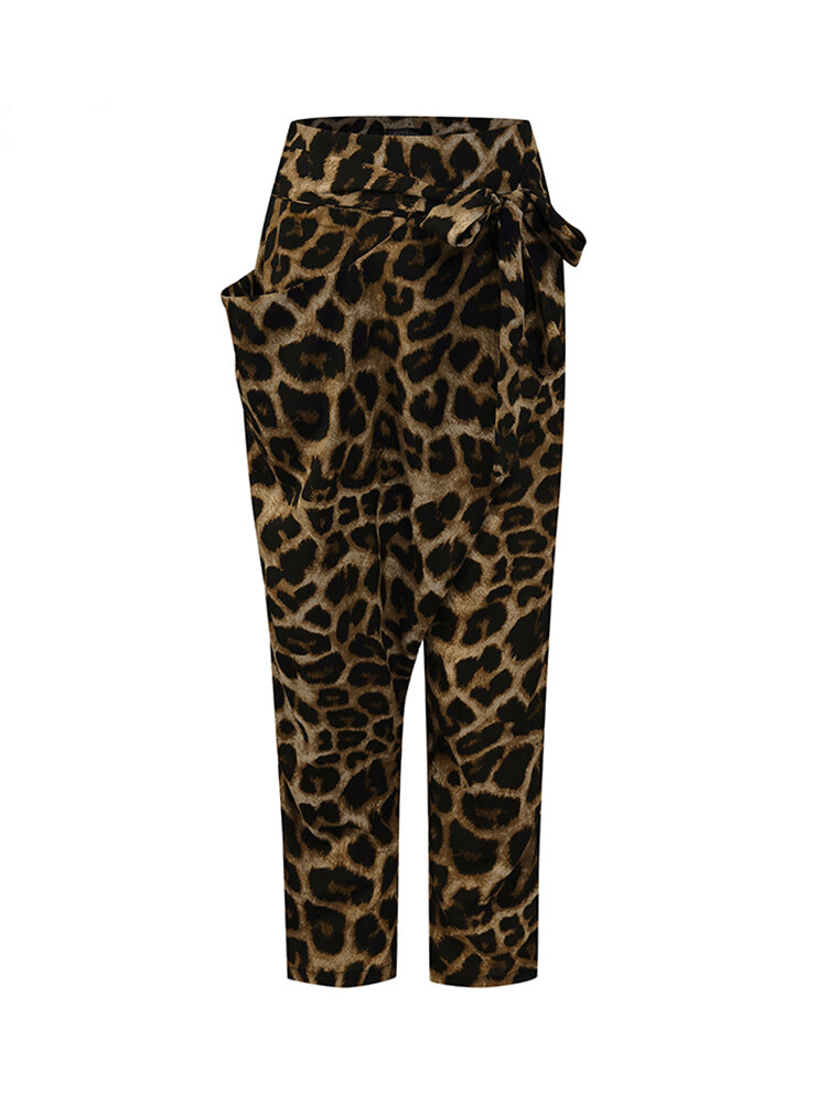 Leopard Print Casual Wrap Pocket Irregular Harem Pants with Belt