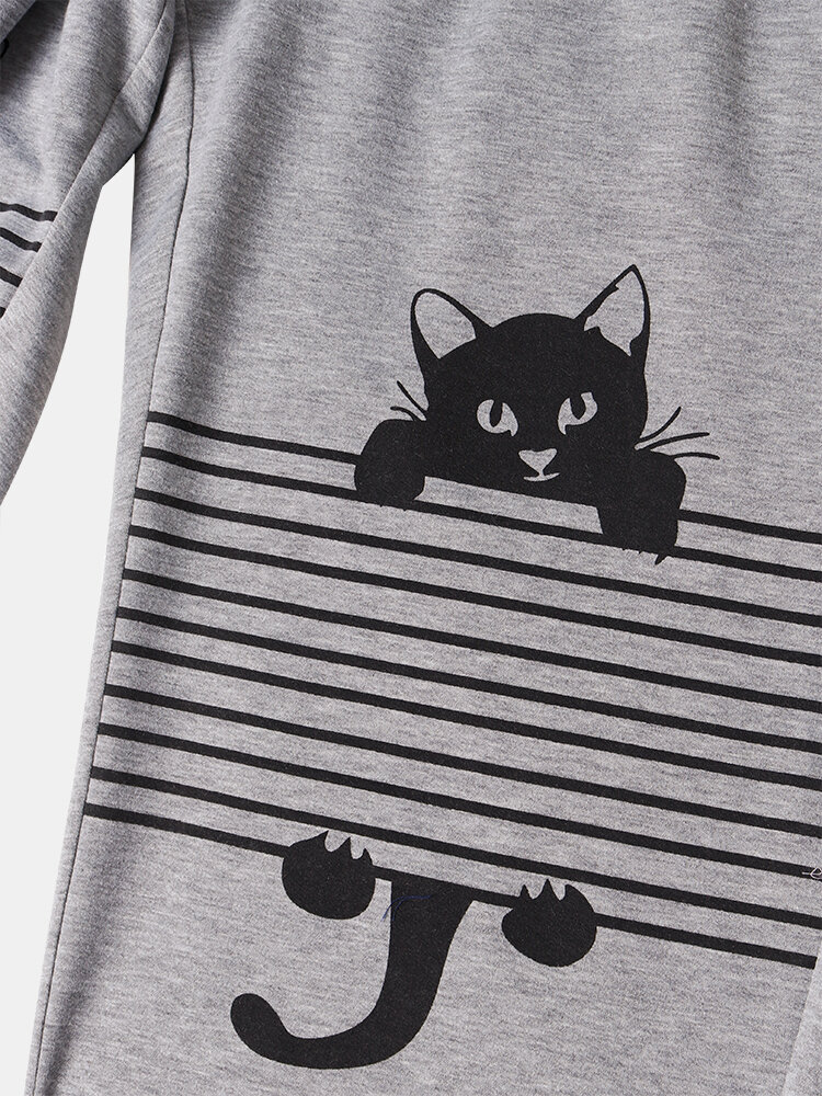 Black Cat Print Elastic Waist Long Casual Pants for Women