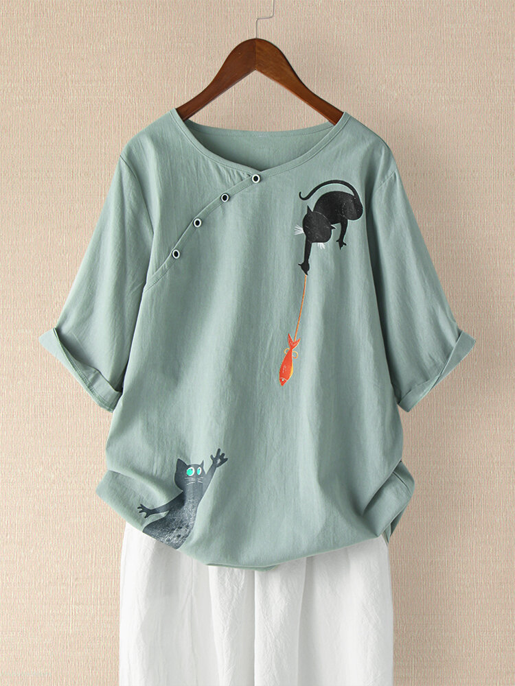 Cartoon Fish Cat Printed O-neck Button Short Sleeve T-shirt