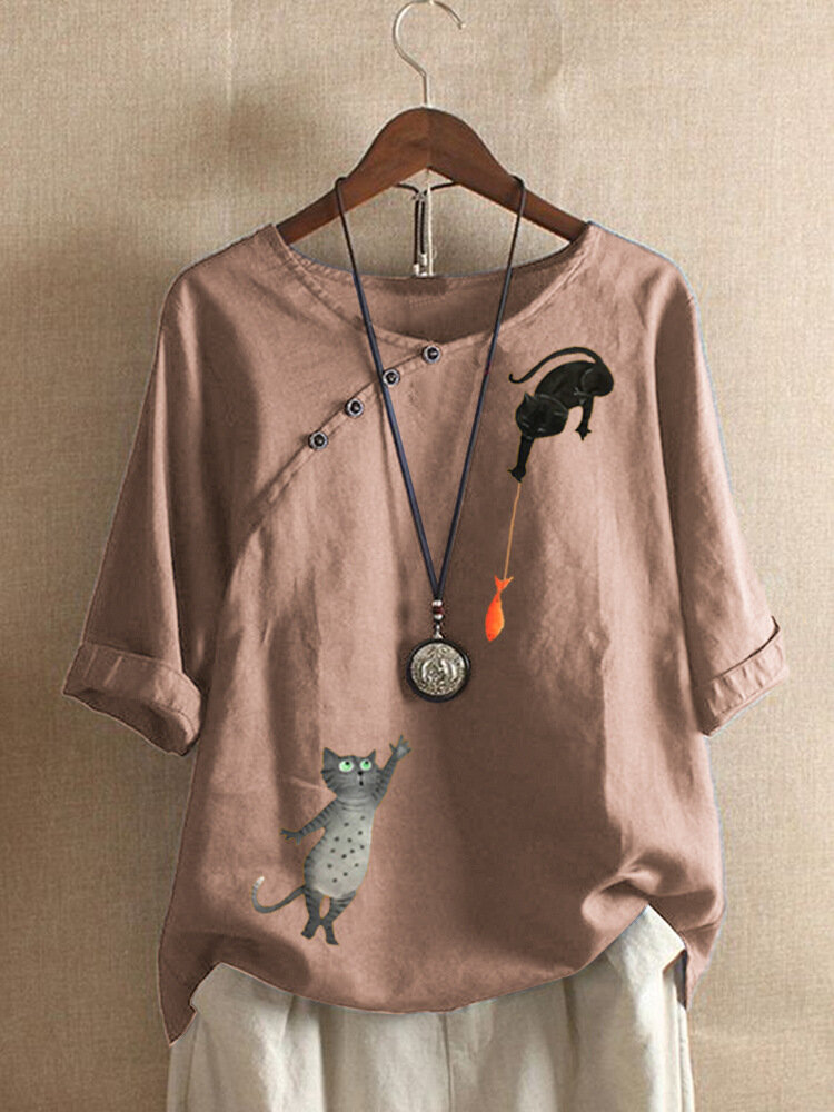 Cartoon Fish Cat Printed O-neck Button Short Sleeve T-shirt