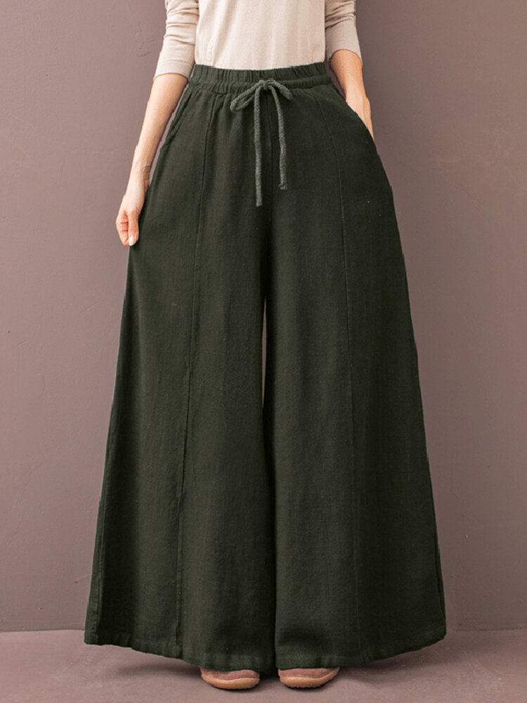Solid Color Drawstring Pocket Long Loose Casual Pants for Women