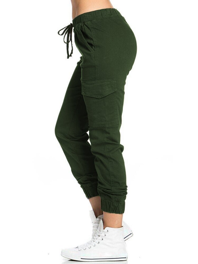 Elastic Drawstring Waist Solid Color Casual Pants For Women