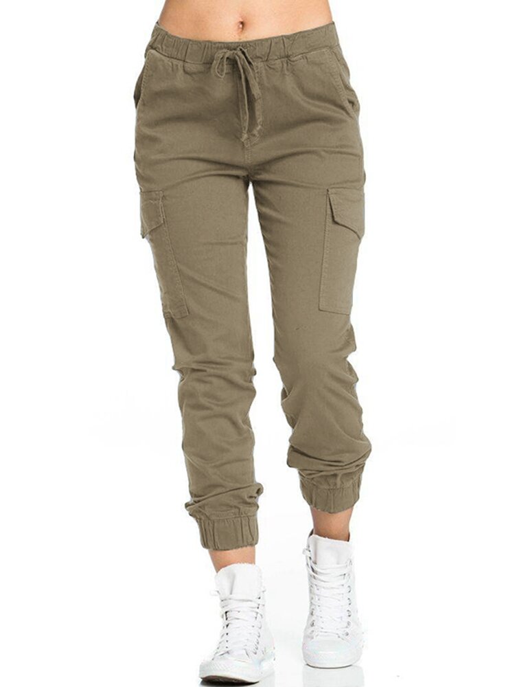 Elastic Drawstring Waist Solid Color Casual Pants For Women