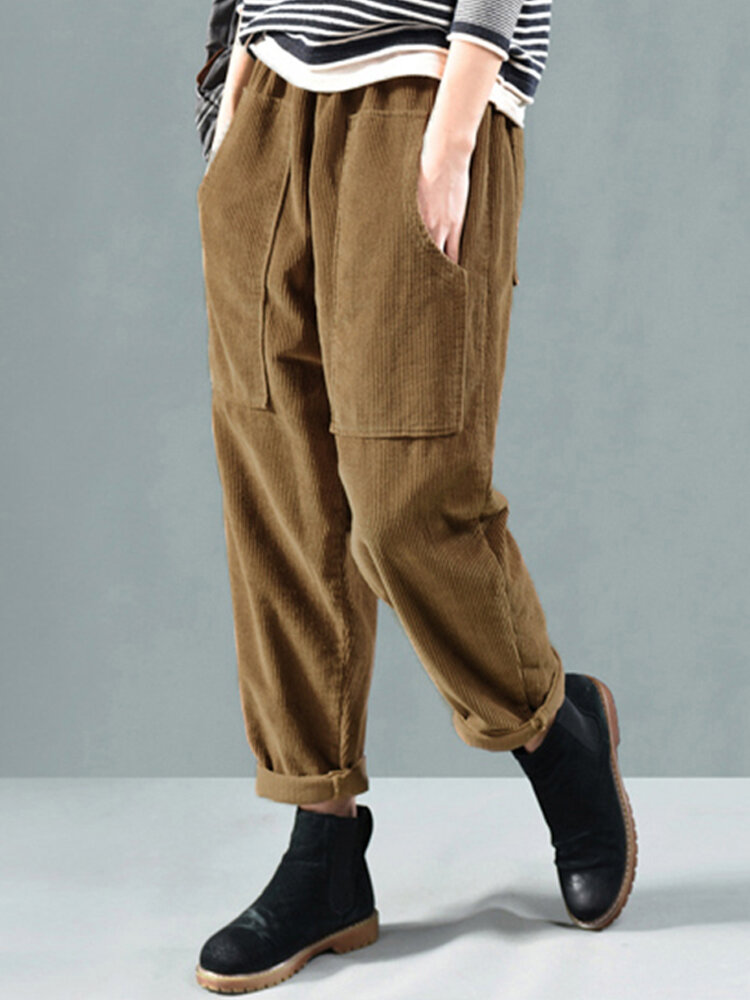 Solid Color Side Pockets Elastic Waist Corduroy Pants