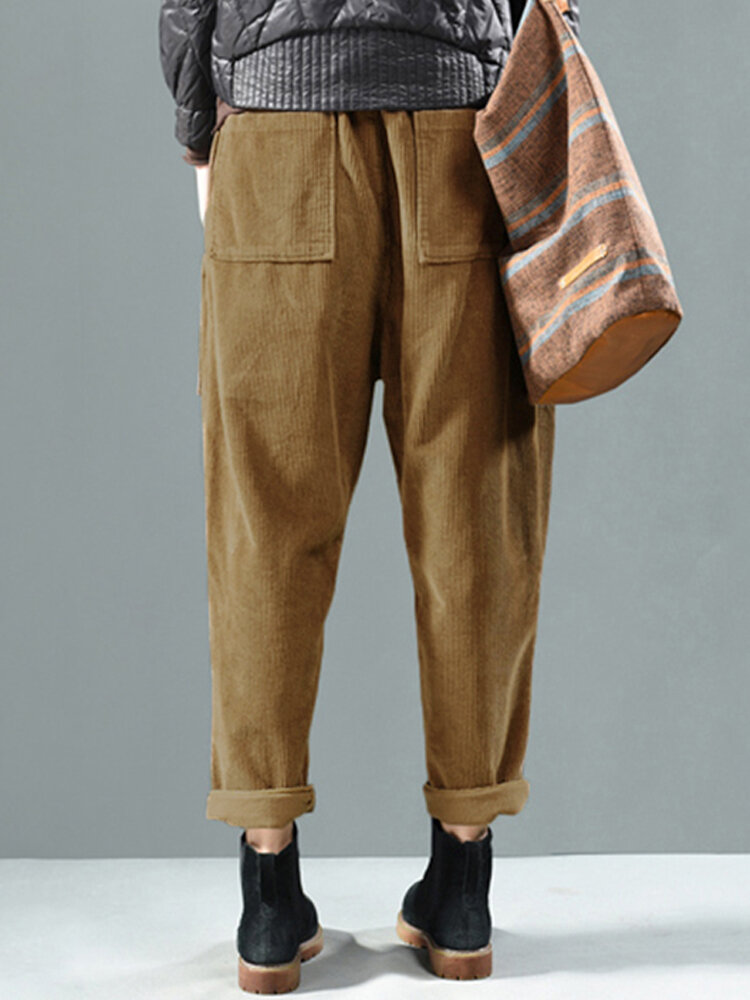 Solid Color Side Pockets Elastic Waist Corduroy Pants