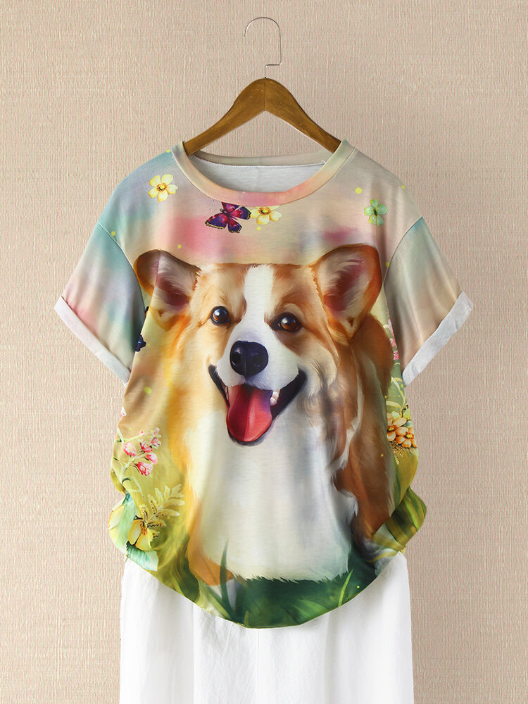 Cartoon Dog Printed Short Sleeve O-neck T-shirt For Women