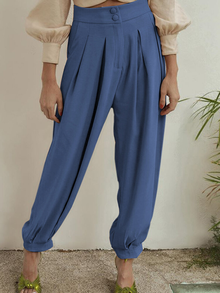 Solid Color Elastic High Waist Button Casual Pants For Women