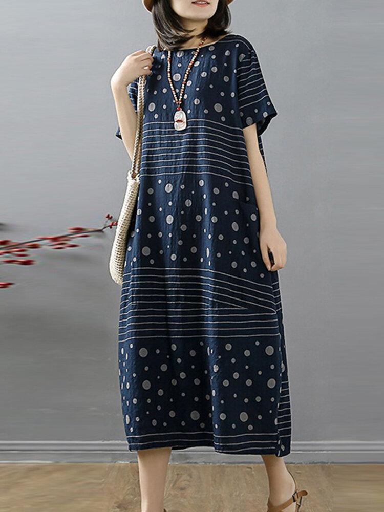 Polka Dot Striped O-neck Short Sleeve Midi Dress With Pocket