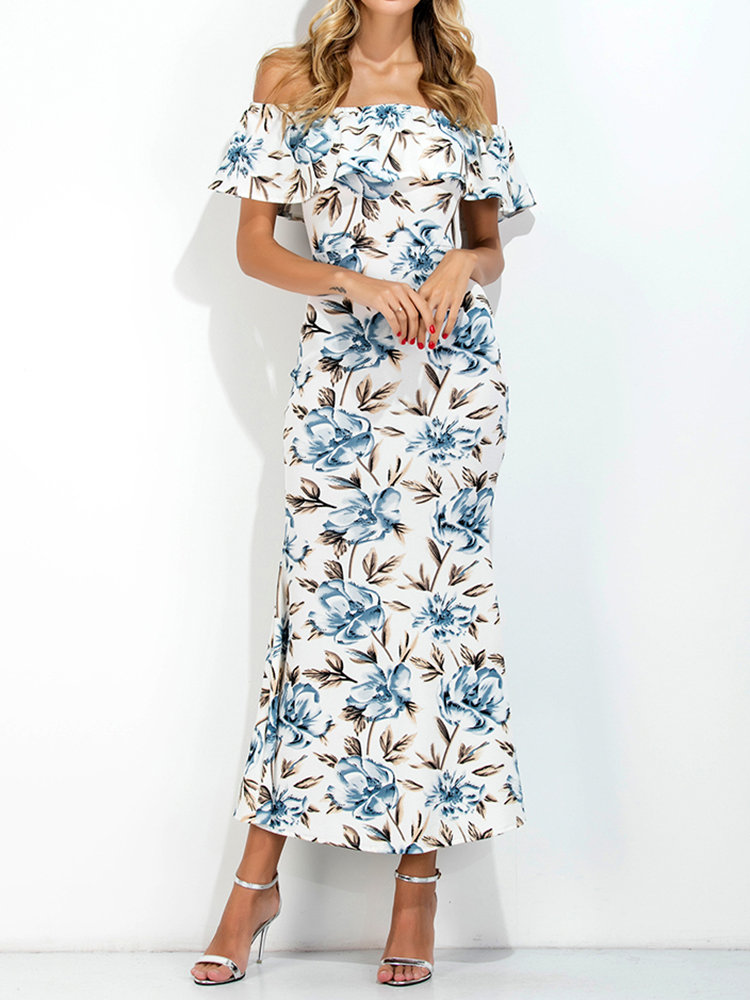Off-shoulder Floral Print Back Split Maxi Dress For Women