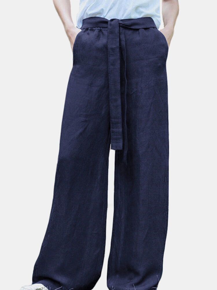 Solid Color Lace-up Wide-Legged Elastic Waist Cotton Pants