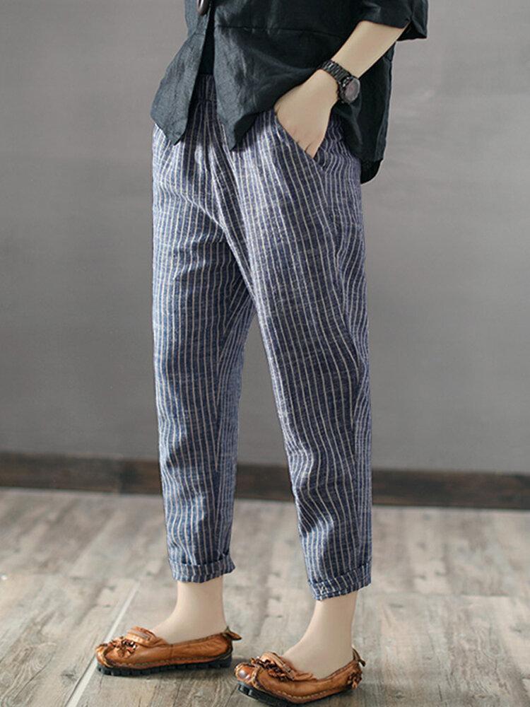 Vintage Striped Pockets Cotton Harem Pants