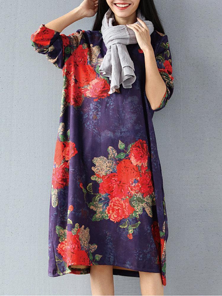 Vintage Loose Floral Printed O-neck Long Sleeve Women Dresses
