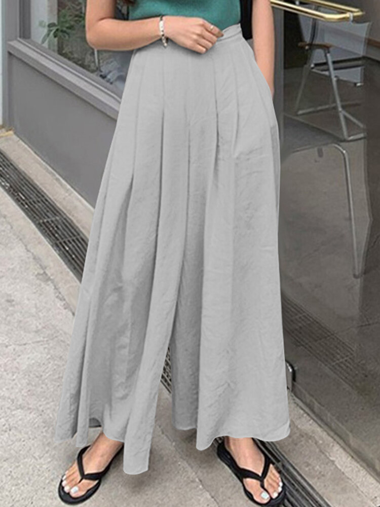 Solid Color Pleated Pocket Loose Casual Pants for Women