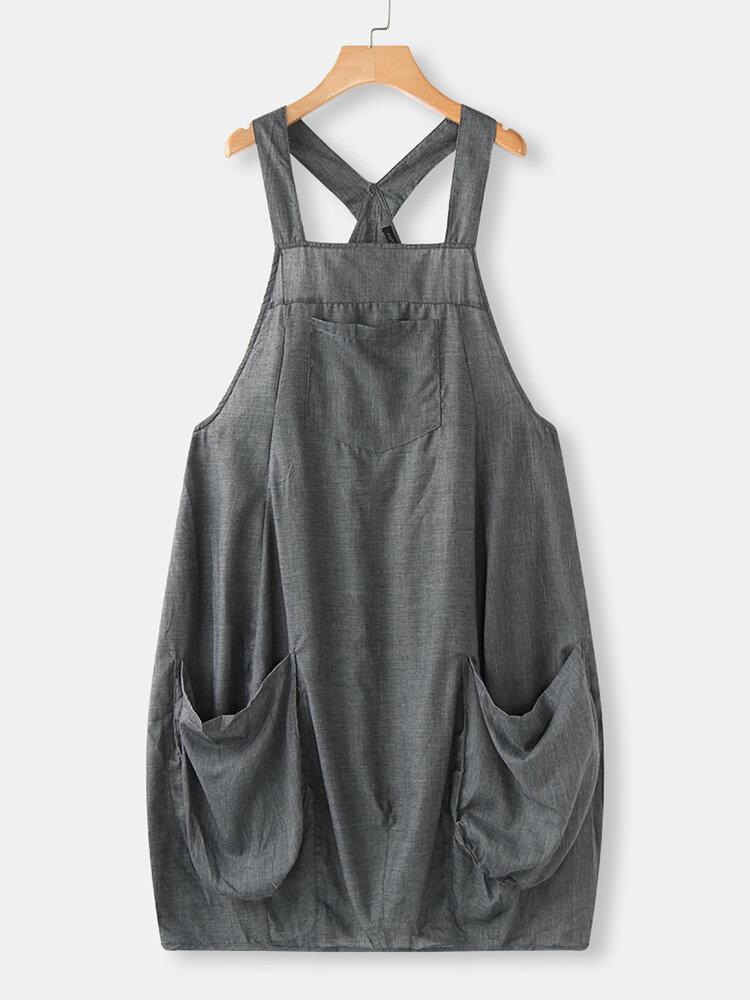 Vintage Straps Solid Color Loose Dress With Pockets