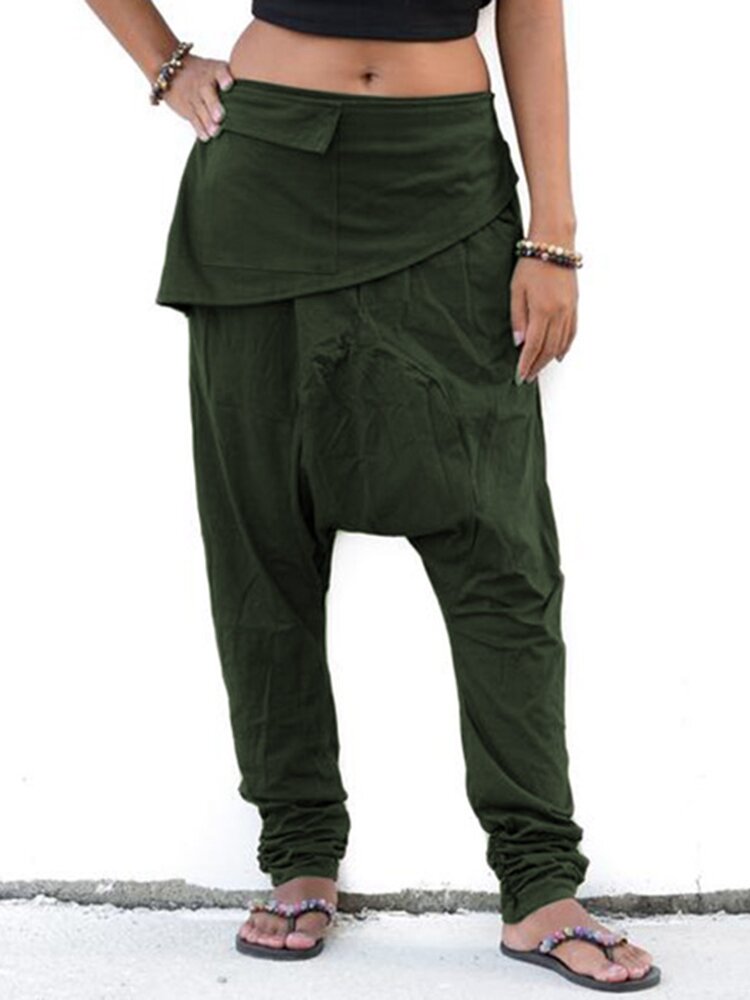 Solid Color Layered Pockets Casual Harem Pants For Women