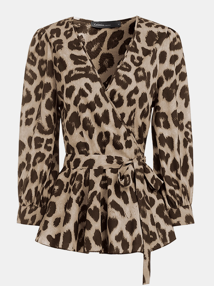 V-neck Cross-strap Short Leopard Shirt For Women
