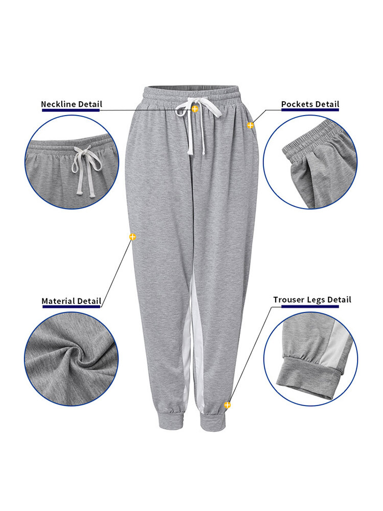 Color Patchwork Elastic Waist Drawstring Soft Pants With Side Pocket