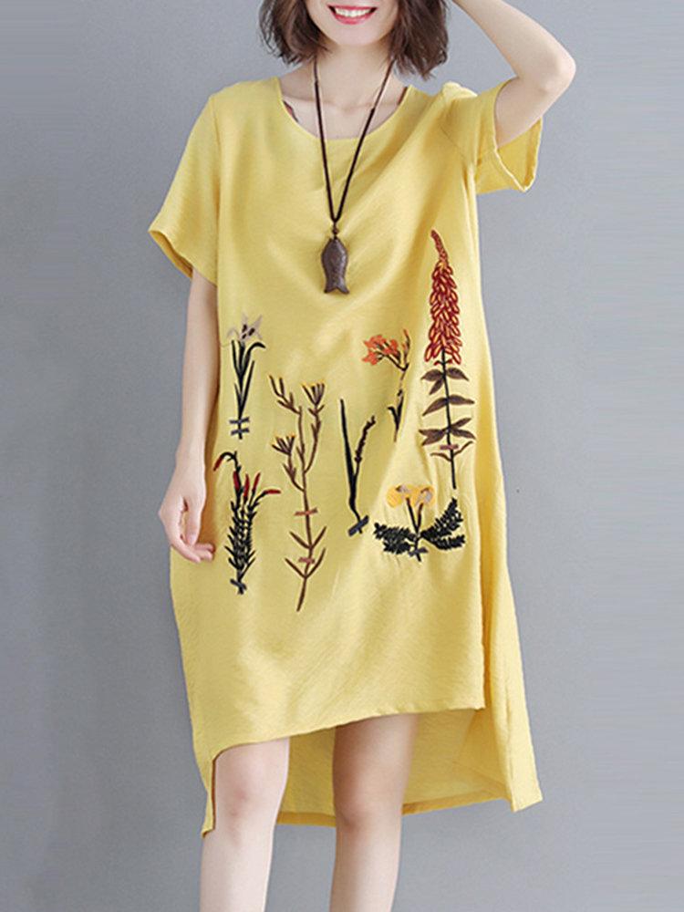 Plants Print Irregular Short Sleeve Loose Vintage Dresses