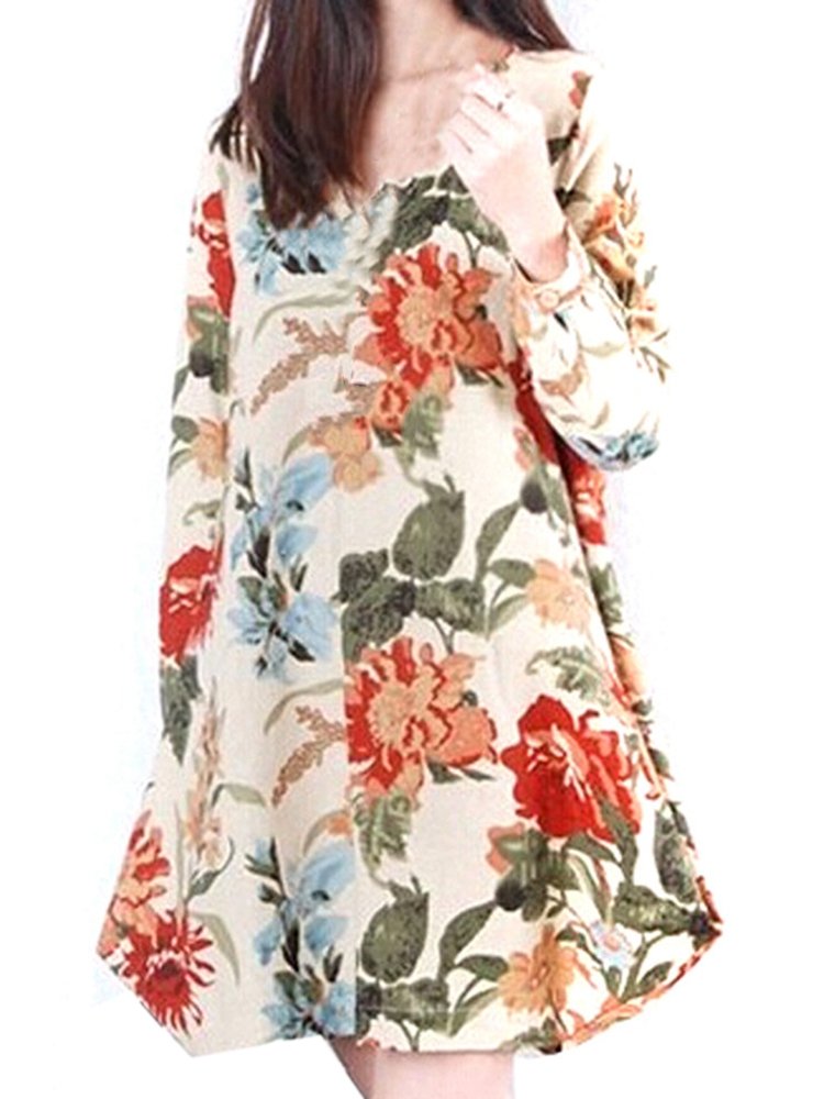 Vintage Floral Printed V Neck Asymmetry Hem Long Sleeve Loose Women Dress