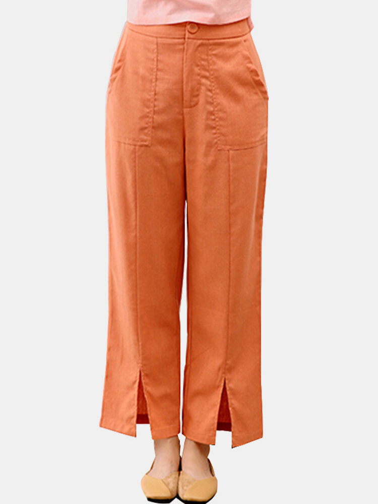 Solid Color Slit Casual Button Cotton Pants For Women